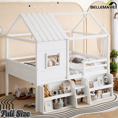Bellemave® Wood House Loft Bed Frame with Stairs and Storage Shelves - Bellemave