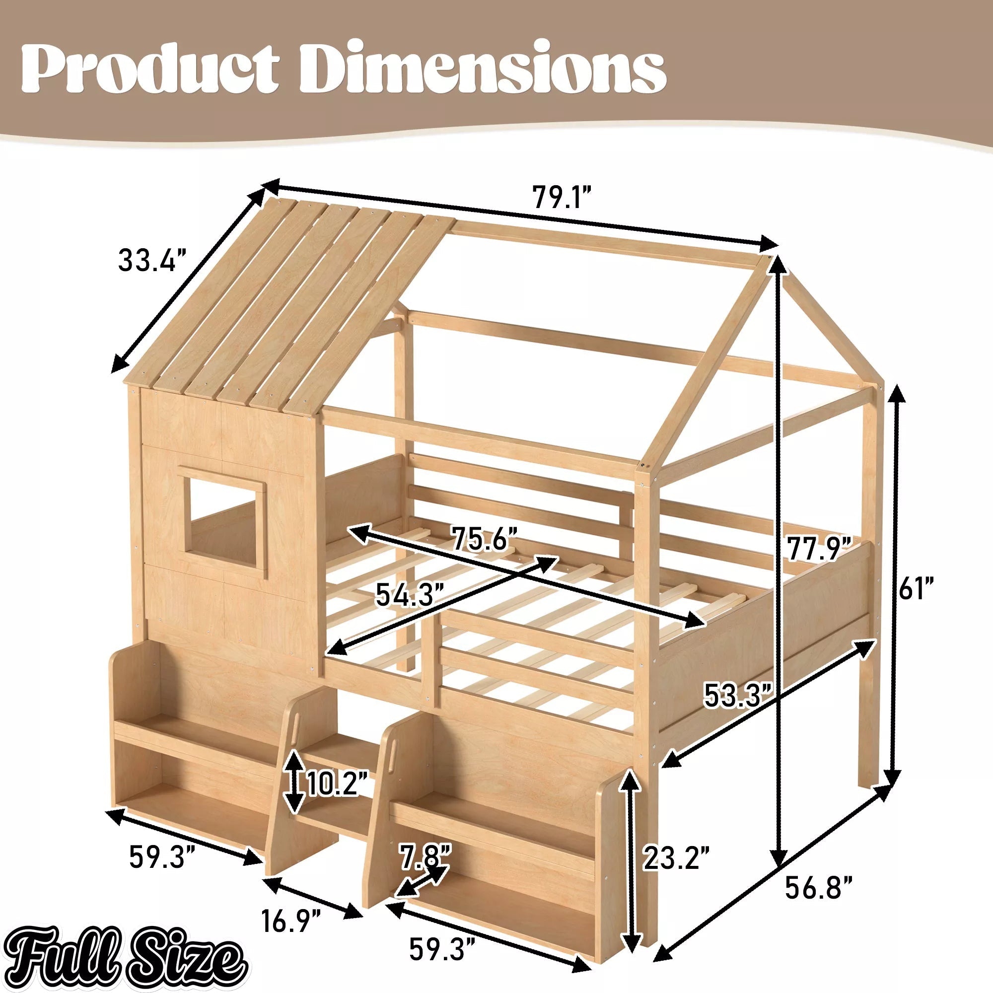 Bellemave® Wood House Loft Bed Frame with Stairs and Storage Shelves - Bellemave