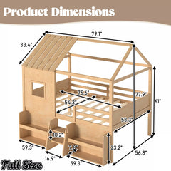 Bellemave® Wood House Loft Bed Frame with Stairs and Storage Shelves - Bellemave