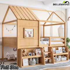 Bellemave® Wood House Loft Bed Frame with Stairs and Storage Shelves - Bellemave