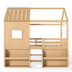 Bellemave® Wood House Loft Bed Frame with Stairs and Storage Shelves - Bellemave