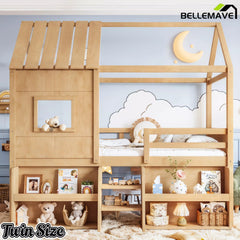 Bellemave® Wood House Loft Bed Frame with Stairs and Storage Shelves - Bellemave