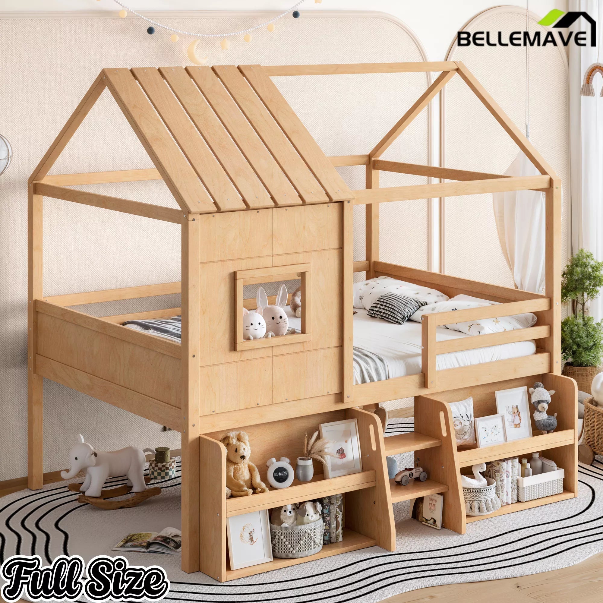 Bellemave® Wood House Loft Bed Frame with Stairs and Storage Shelves - Bellemave
