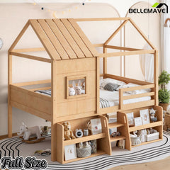 Bellemave® Wood House Loft Bed Frame with Stairs and Storage Shelves - Bellemave