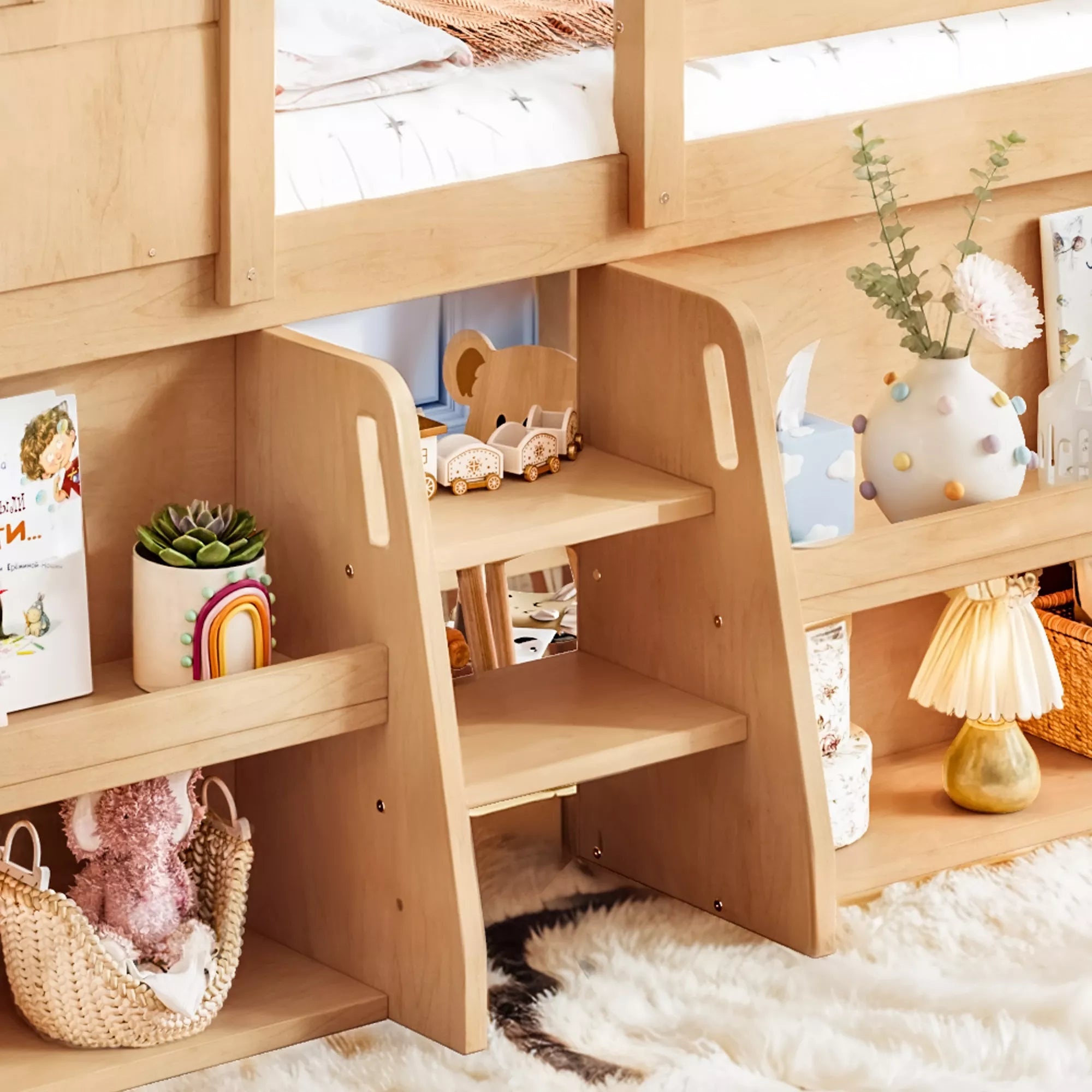 Bellemave® Wood House Loft Bed Frame with Stairs and Storage Shelves - Bellemave