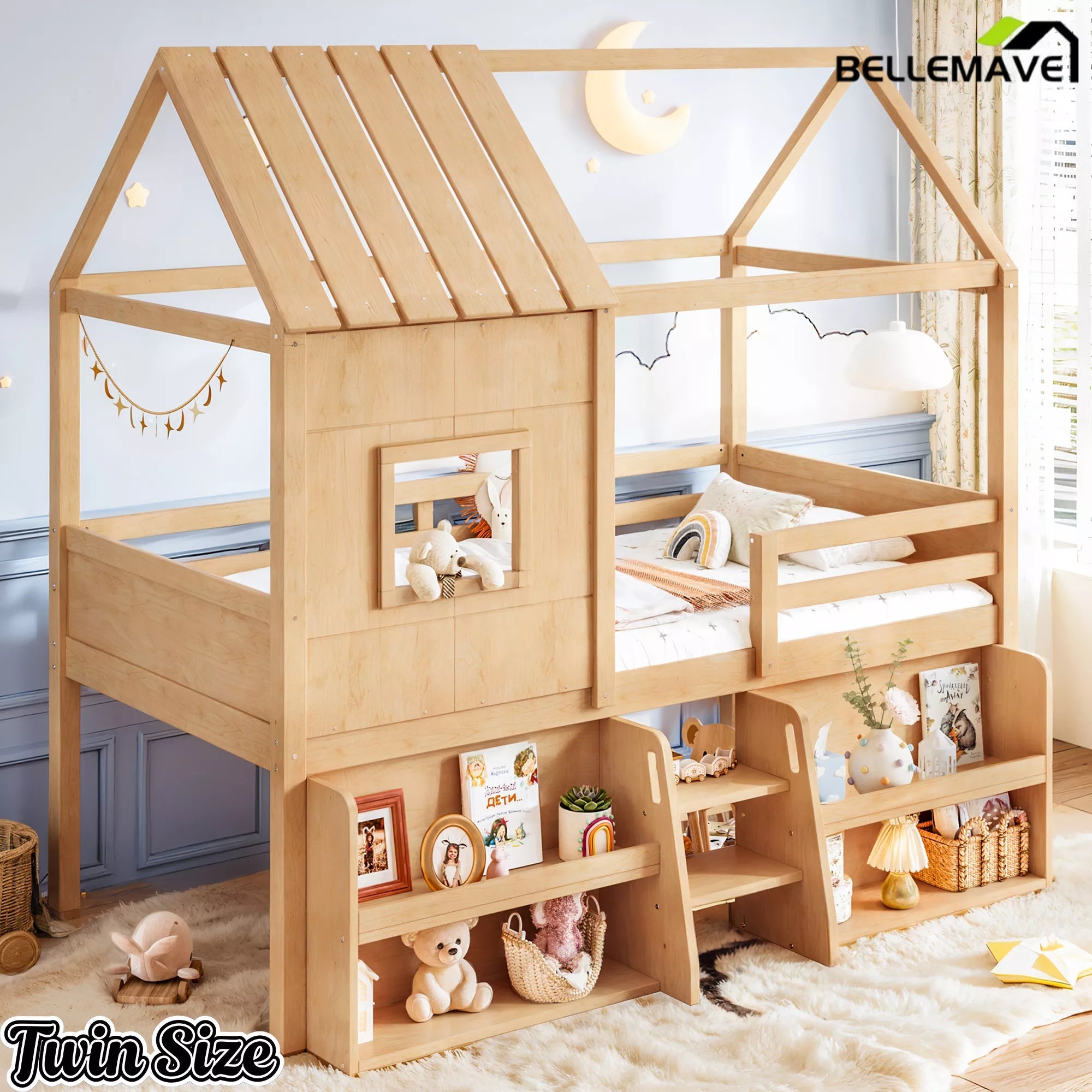 Bellemave® Wood House Loft Bed Frame with Stairs and Storage Shelves - Bellemave