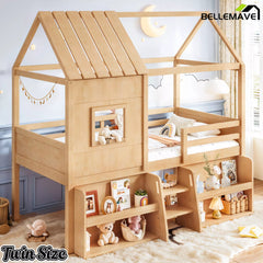 Bellemave® Wood House Loft Bed Frame with Stairs and Storage Shelves - Bellemave