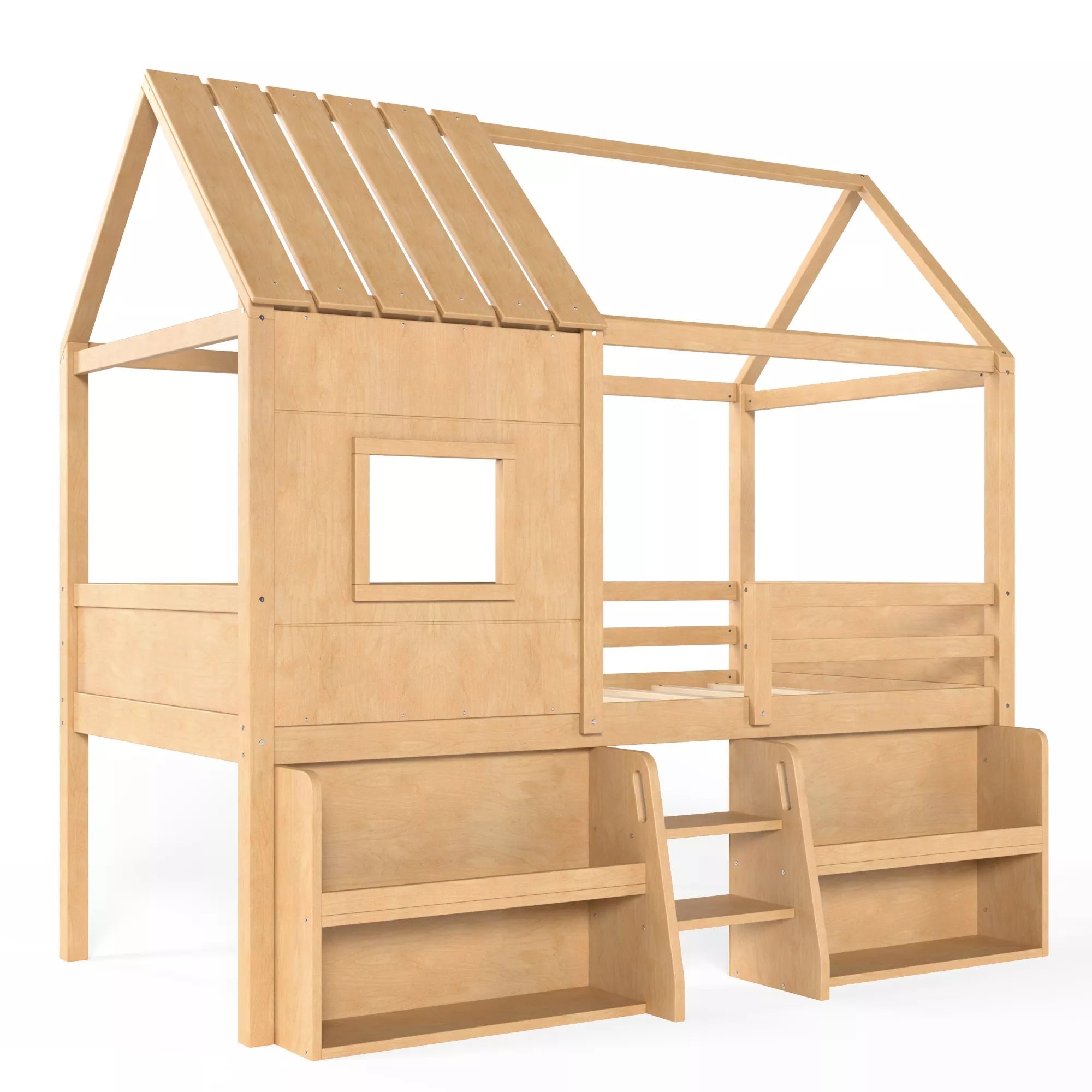 Bellemave® Wood House Loft Bed Frame with Stairs and Storage Shelves - Bellemave