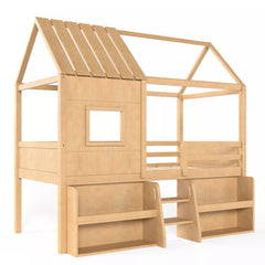 Bellemave® Wood House Loft Bed Frame with Stairs and Storage Shelves - Bellemave