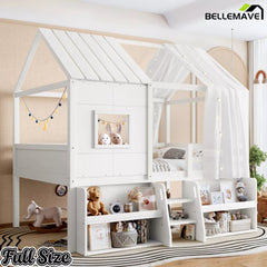Bellemave® Wood House Loft Bed Frame with Stairs and Storage Shelves - Bellemave
