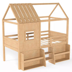 Bellemave® Wood House Loft Bed Frame with Stairs and Storage Shelves - Bellemave