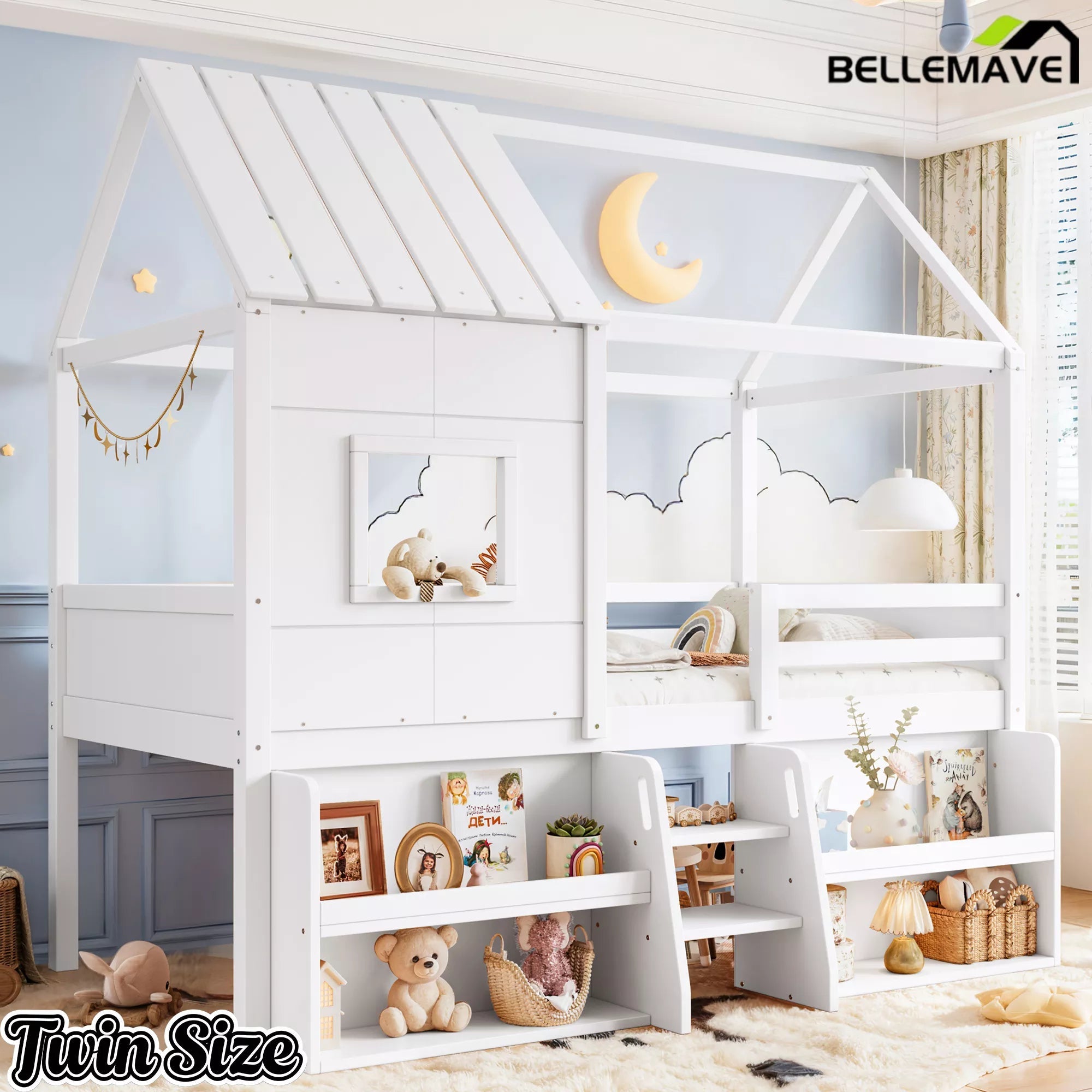 Bellemave® Wood House Loft Bed Frame with Stairs and Storage Shelves - Bellemave