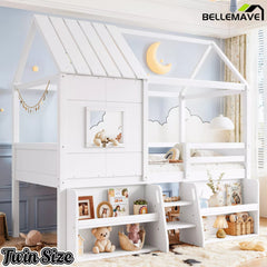 Bellemave® Wood House Loft Bed Frame with Stairs and Storage Shelves - Bellemave