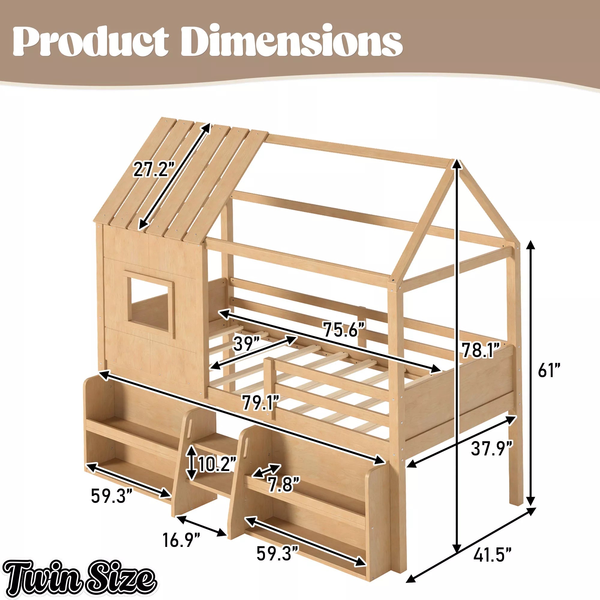 Bellemave® Wood House Loft Bed Frame with Stairs and Storage Shelves - Bellemave