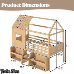 Bellemave® Wood House Loft Bed Frame with Stairs and Storage Shelves - Bellemave