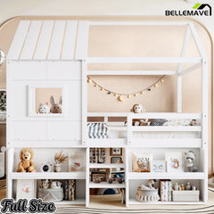 Bellemave® Wood House Loft Bed Frame with Stairs and Storage Shelves - Bellemave