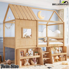 Bellemave® Wood House Loft Bed Frame with Stairs and Storage Shelves - Bellemave