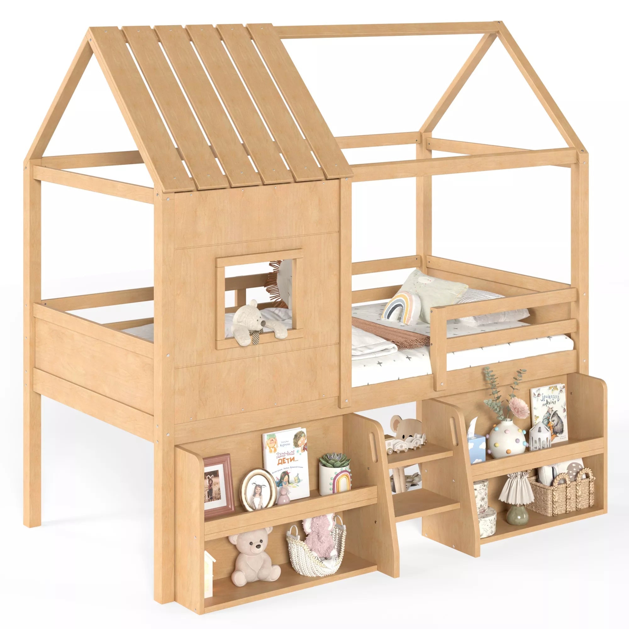 Bellemave® Wood House Loft Bed Frame with Stairs and Storage Shelves - Bellemave