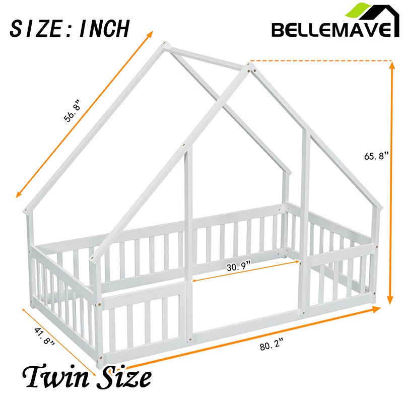Bellemave® Wood House - Shaped Floor Bed with Fence and Guardrails - Bellemave