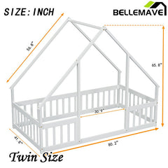 Bellemave® Wood House - Shaped Floor Bed with Fence and Guardrails - Bellemave