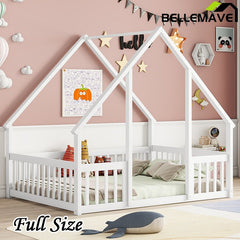 Bellemave® Wood House - Shaped Floor Bed with Fence and Guardrails - Bellemave