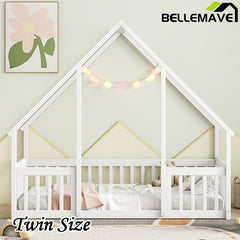 Bellemave® Wood House - Shaped Floor Bed with Fence and Guardrails - Bellemave