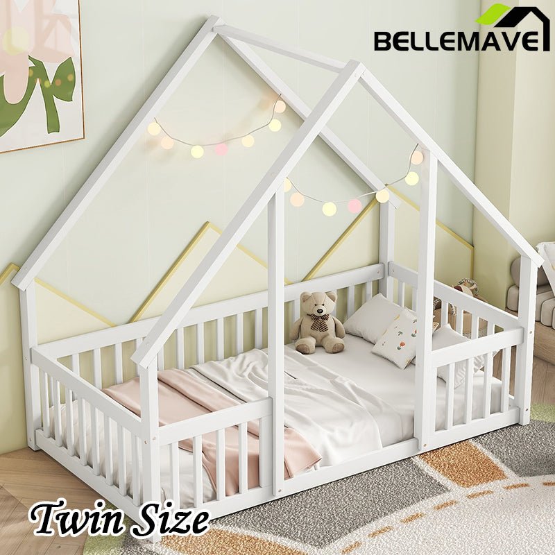 Bellemave® Wood House - Shaped Floor Bed with Fence and Guardrails - Bellemave