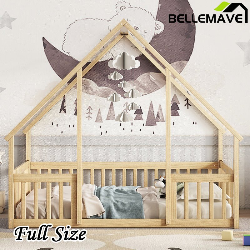 Bellemave® Wood House - Shaped Floor Bed with Fence and Guardrails - Bellemave