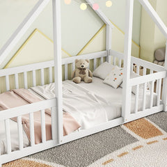 Bellemave® Wood House - Shaped Floor Bed with Fence and Guardrails - Bellemave