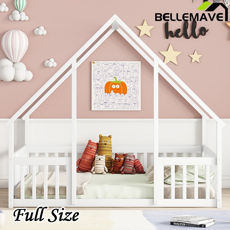 Bellemave® Wood House - Shaped Floor Bed with Fence and Guardrails - Bellemave