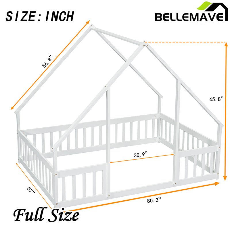 Bellemave® Wood House - Shaped Floor Bed with Fence and Guardrails - Bellemave