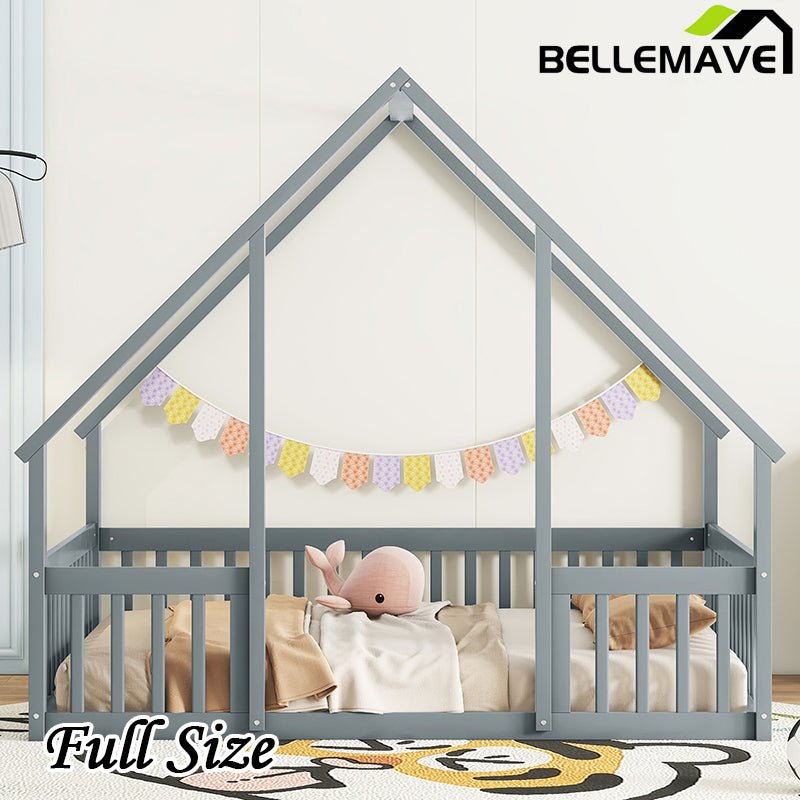Bellemave® Wood House - Shaped Floor Bed with Fence and Guardrails - Bellemave