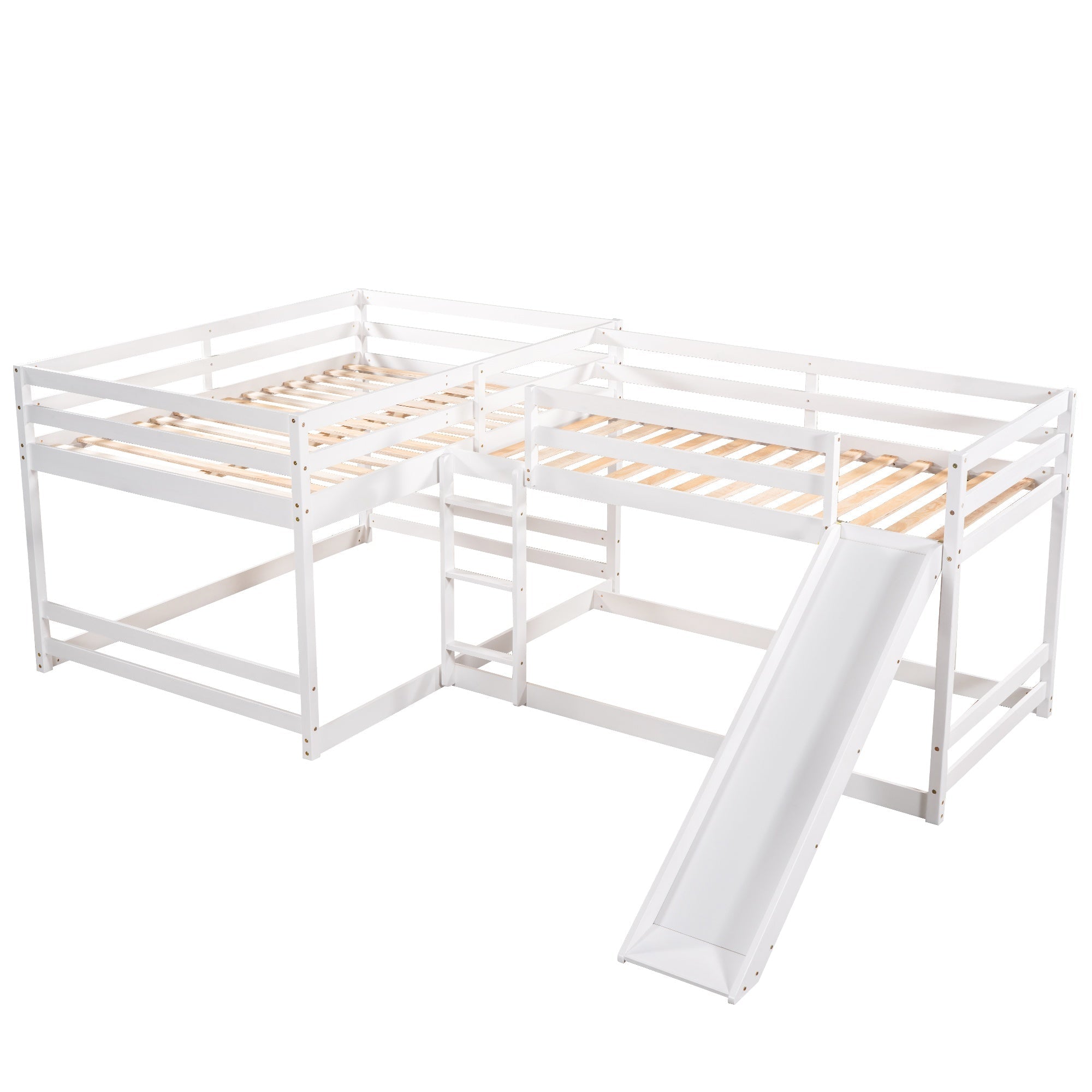 Bellemave® Wood L - Shaped Bunk Bed with Slide for 4, Full Size Quad Bunk Beds for Kids Boys Girls Teens (4 Beds, White) - Bellemave