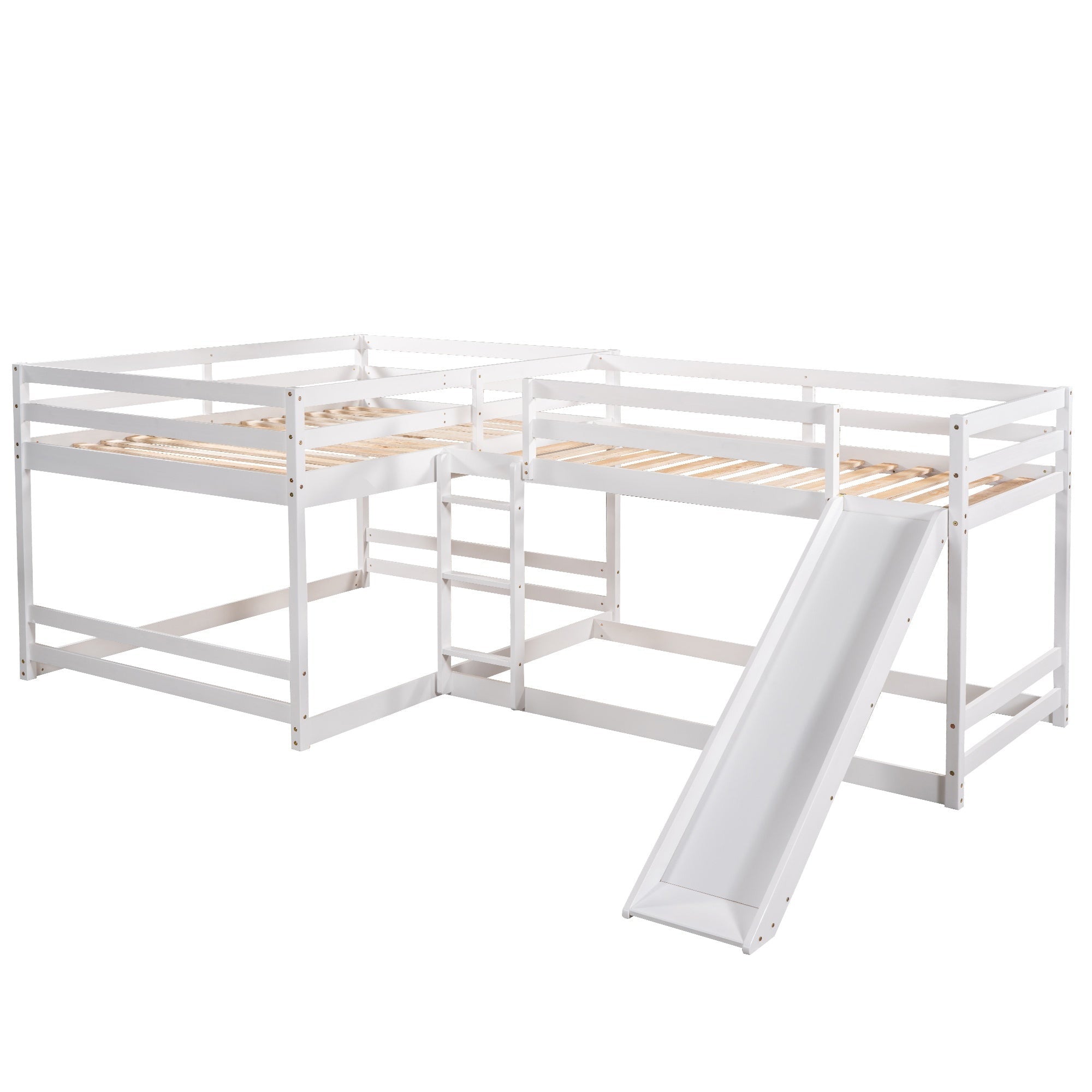Bellemave® Wood L - Shaped Bunk Bed with Slide for 4, Full Size Quad Bunk Beds for Kids Boys Girls Teens (4 Beds, White) - Bellemave