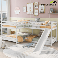 Bellemave® Wood L - Shaped Bunk Bed with Slide for 4, Full Size Quad Bunk Beds for Kids Boys Girls Teens (4 Beds, White) - Bellemave