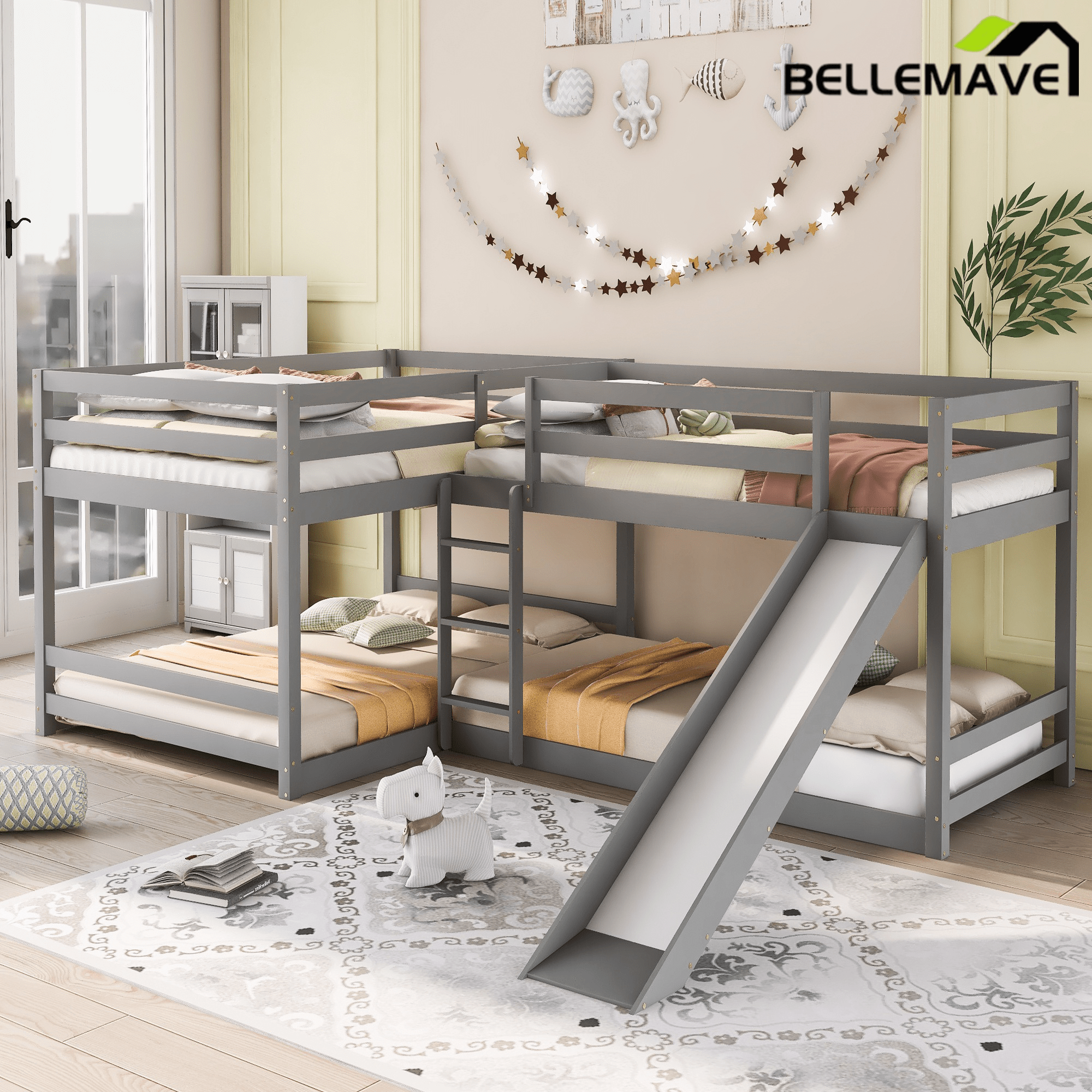 Bellemave® Wood L - Shaped Bunk Bed with Slide for 4, Full Size Quad Bunk Beds for Kids Boys Girls Teens (4 Beds, White) - Bellemave