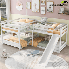 Bellemave® Wood L - Shaped Bunk Bed with Slide for 4, Full Size Quad Bunk Beds for Kids Boys Girls Teens (4 Beds, White) - Bellemave