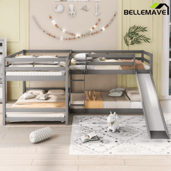 Bellemave® Wood L - Shaped Bunk Bed with Slide for 4, Full Size Quad Bunk Beds for Kids Boys Girls Teens (4 Beds, White) - Bellemave