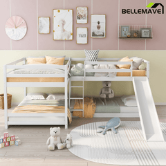 Bellemave® Wood L - Shaped Bunk Bed with Slide for 4, Full Size Quad Bunk Beds for Kids Boys Girls Teens (4 Beds, White) - Bellemave