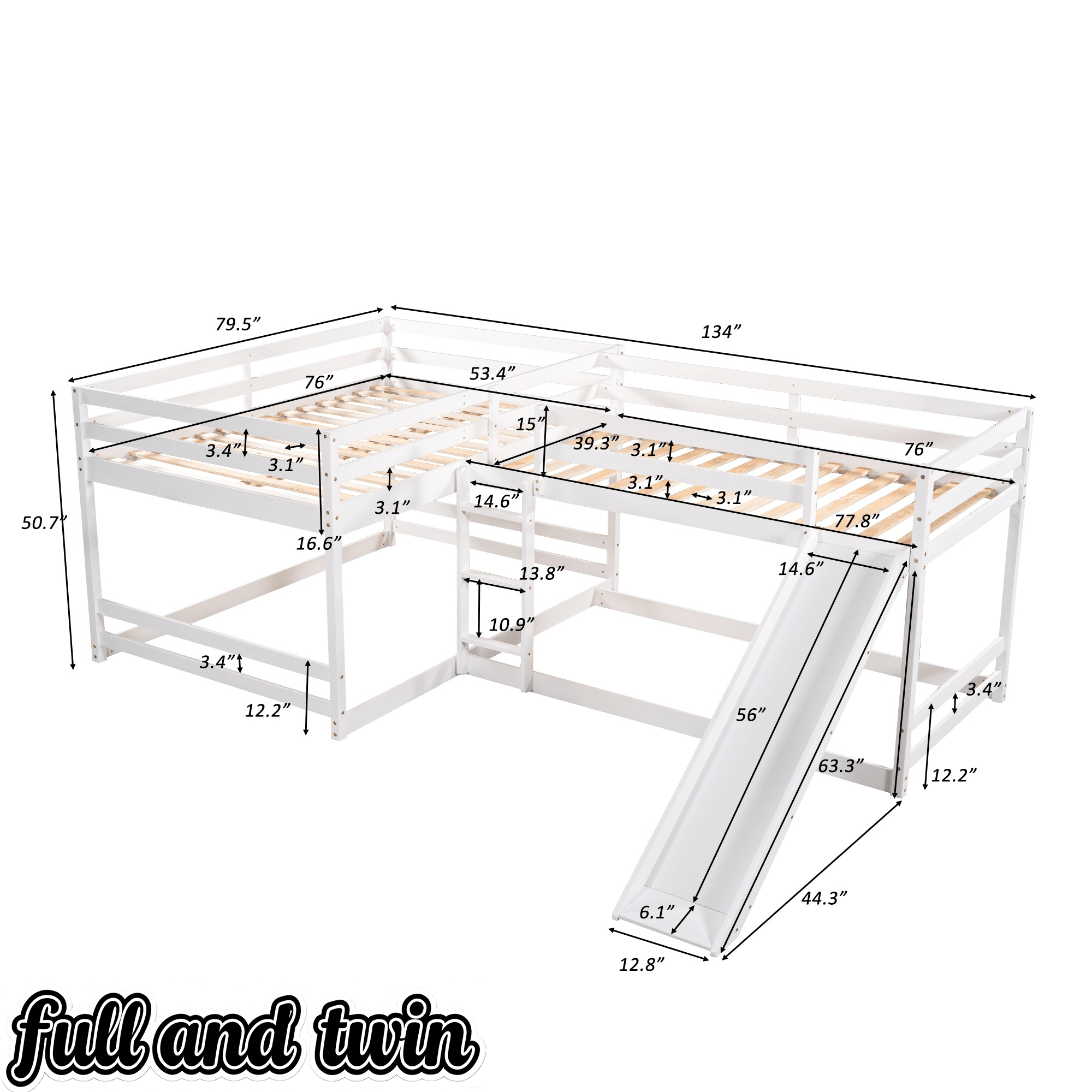 Bellemave® Wood L - Shaped Bunk Bed with Slide for 4, Full Size Quad Bunk Beds for Kids Boys Girls Teens (4 Beds, White) - Bellemave