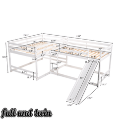 Bellemave® Wood L - Shaped Bunk Bed with Slide for 4, Full Size Quad Bunk Beds for Kids Boys Girls Teens (4 Beds, White) - Bellemave