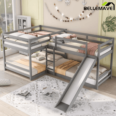 Bellemave® Wood L - Shaped Bunk Bed with Slide for 4, Full Size Quad Bunk Beds for Kids Boys Girls Teens (4 Beds, White) - Bellemave