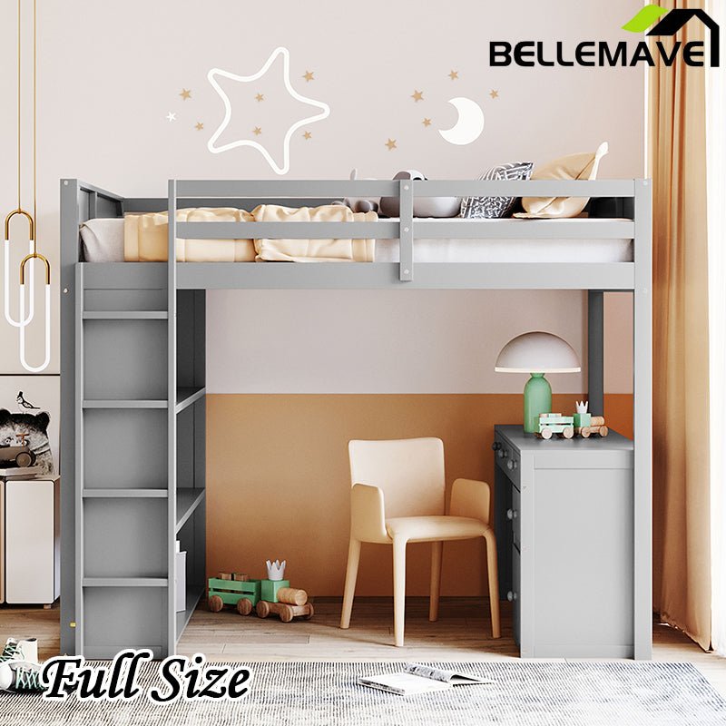 Bellemave® Wood Loft Bed with Ladder, Shelves and Desk - Bellemave