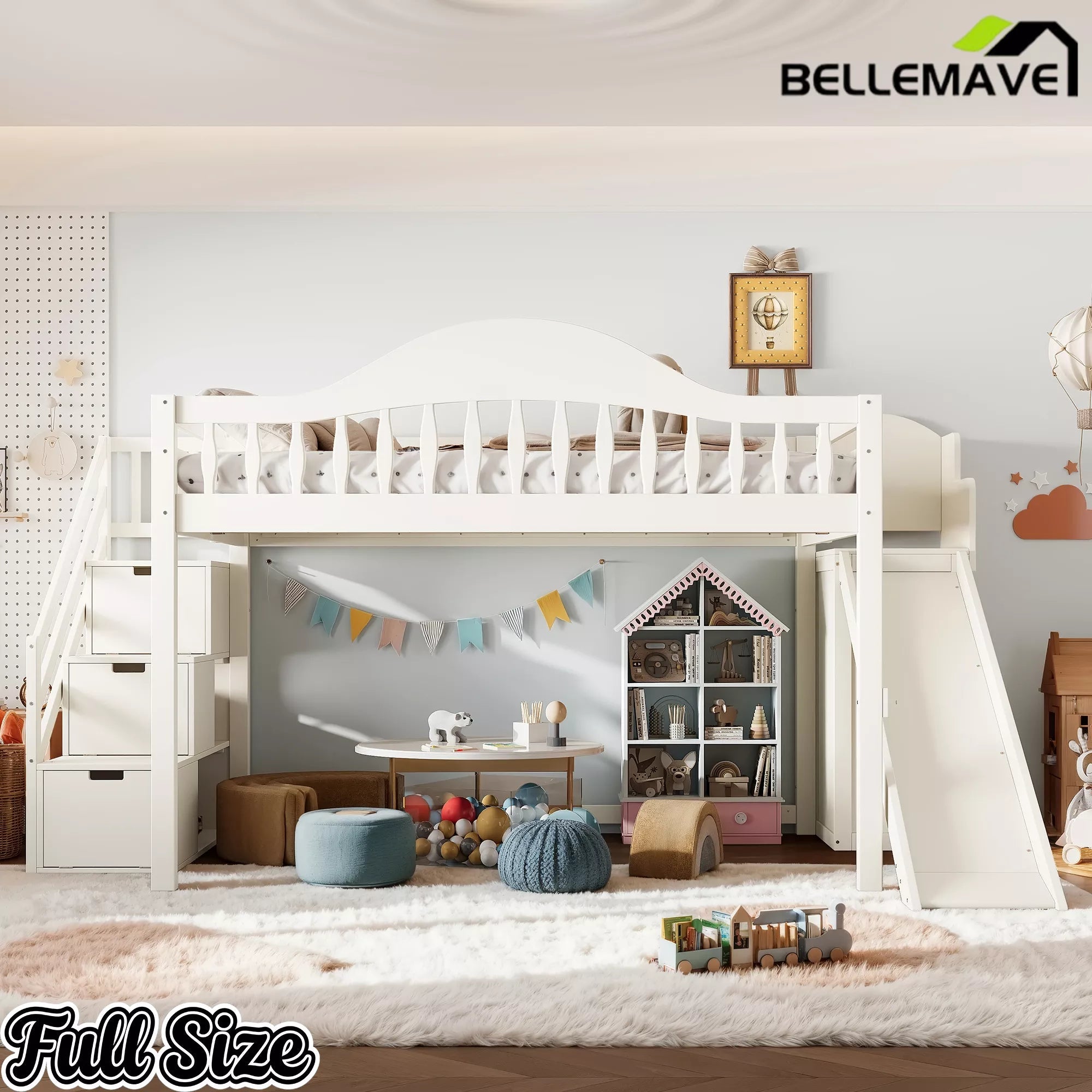 Bellemave® Wood Loft Bed with Slide, Storage Stairs & Wardrobe - Bellemave