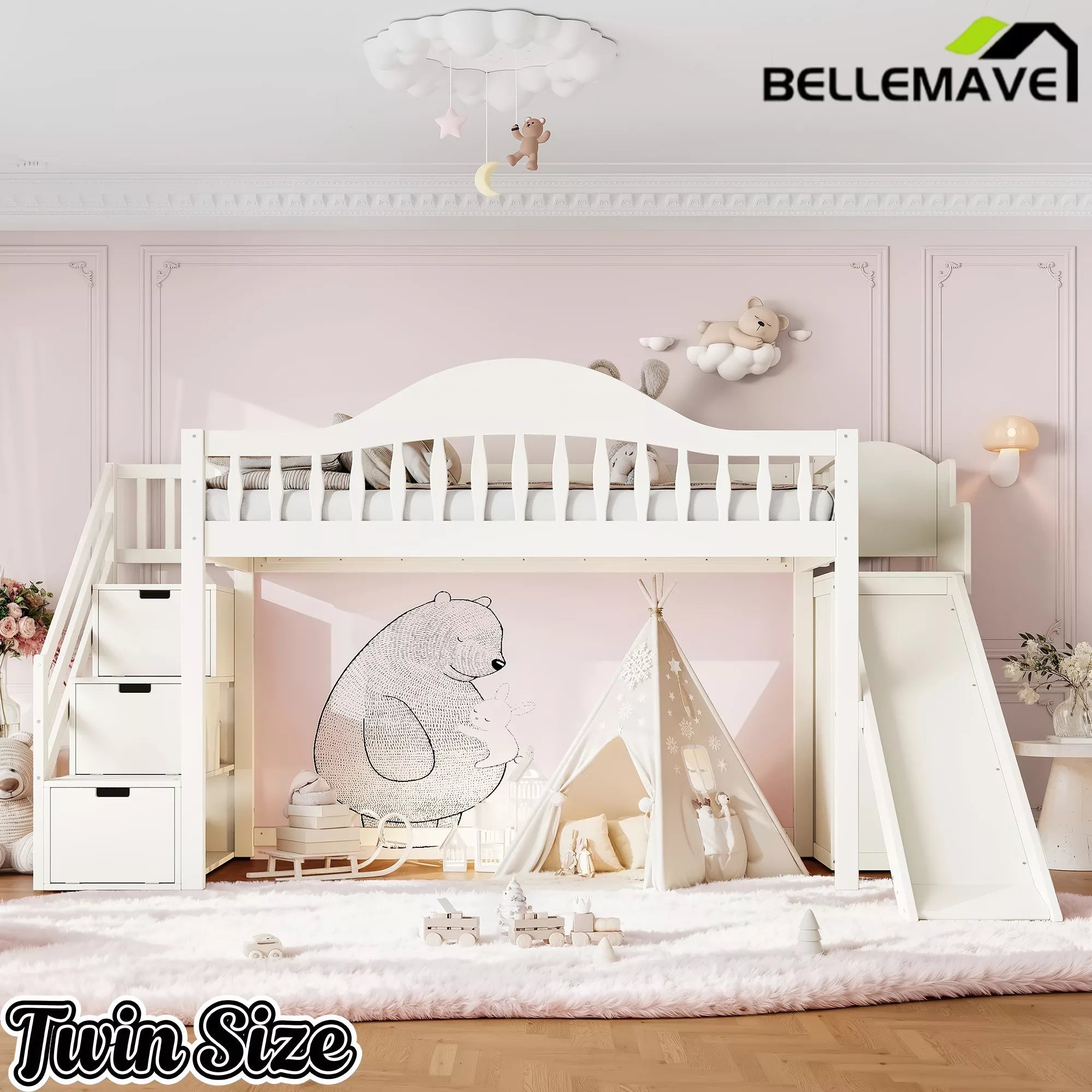 Bellemave® Wood Loft Bed with Slide, Storage Stairs & Wardrobe - Bellemave