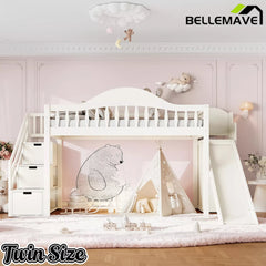 Bellemave® Wood Loft Bed with Slide, Storage Stairs & Wardrobe - Bellemave