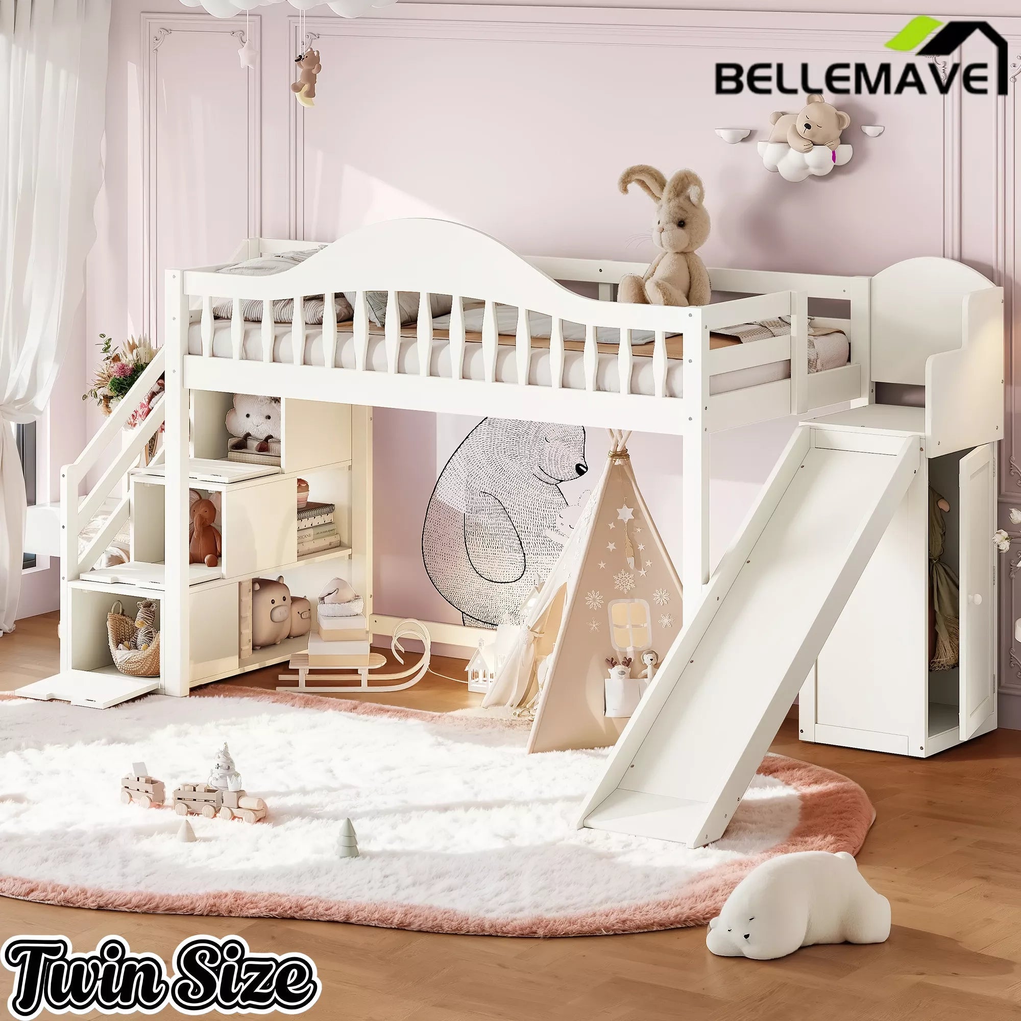 Bellemave® Wood Loft Bed with Slide, Storage Stairs & Wardrobe - Bellemave