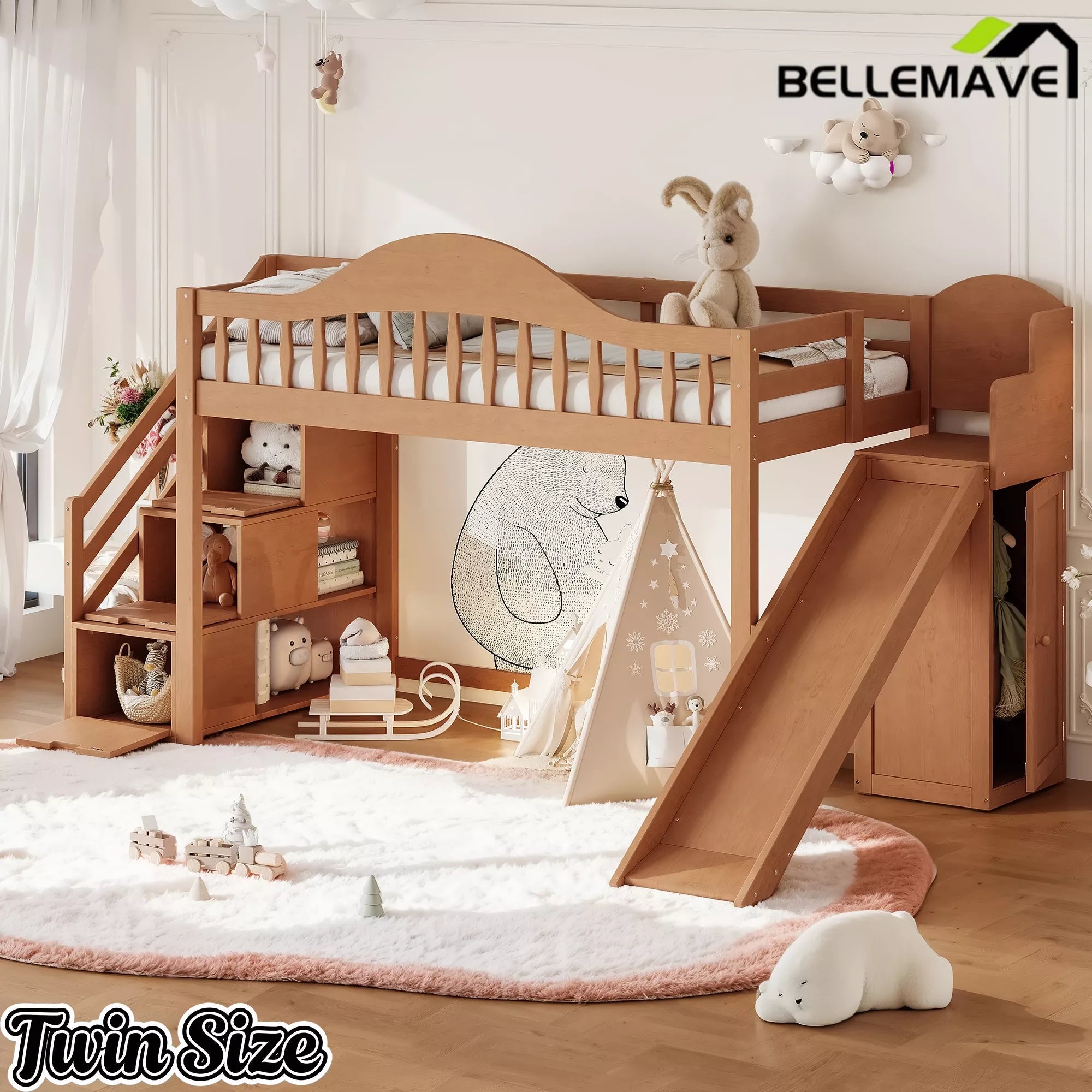 Bellemave® Wood Loft Bed with Slide, Storage Stairs & Wardrobe - Bellemave