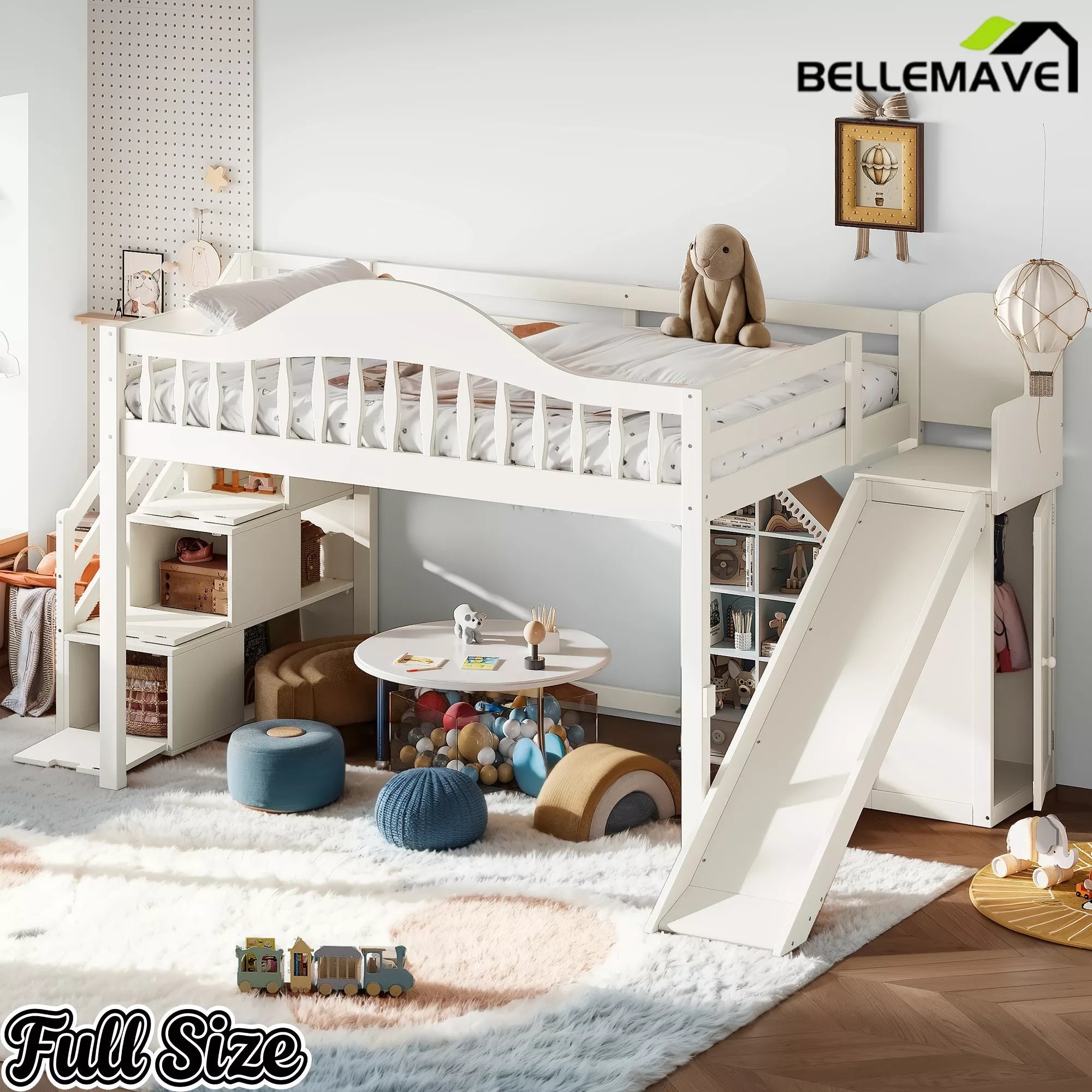Bellemave® Wood Loft Bed with Slide, Storage Stairs & Wardrobe - Bellemave