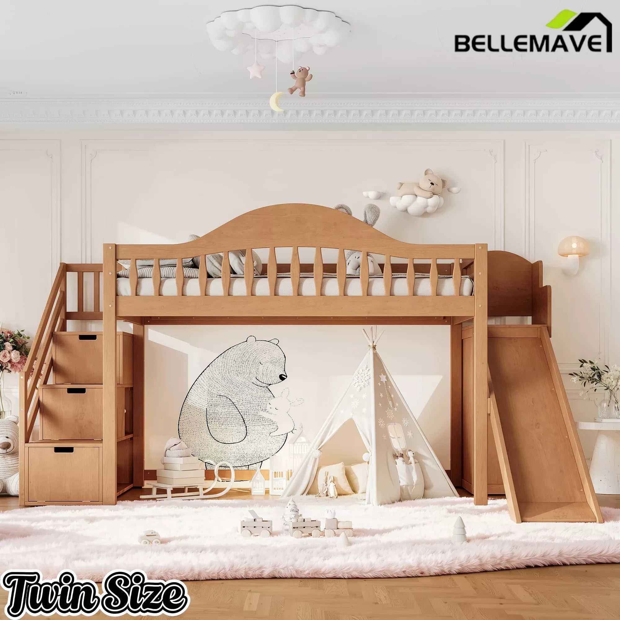 Bellemave® Wood Loft Bed with Slide, Storage Stairs & Wardrobe - Bellemave